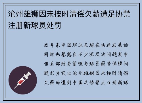 沧州雄狮因未按时清偿欠薪遭足协禁注册新球员处罚